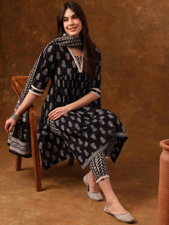 Anouk Ethnic Motifs Printed Gotta Patti Pure Cotton Kurta With Trousers & Dupatta