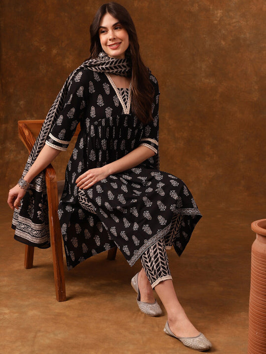 Anouk Ethnic Motifs Printed Gotta Patti Pure Cotton Kurta With Trousers & Dupatta