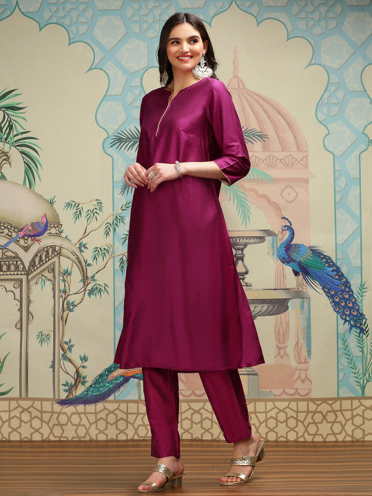 Ishin Notch Neck Silk Crepe Straight A-Line Kurta with Trousers & Dupatta