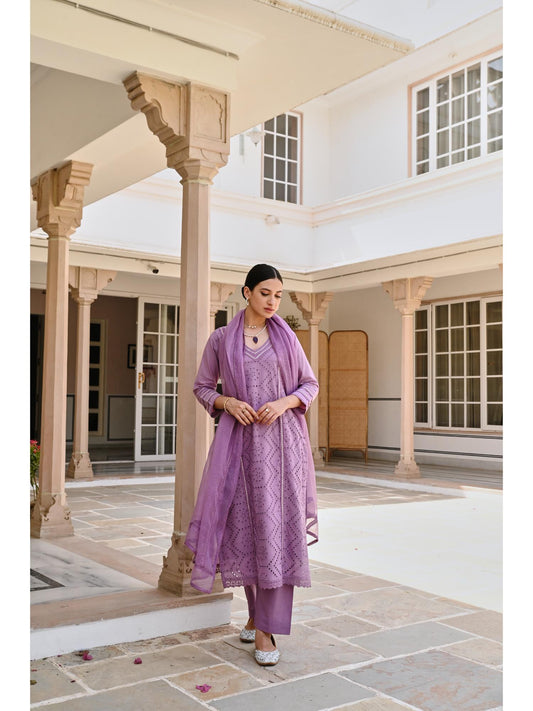 V-Neck Purple Schiffali Kurta with Pant and Dupatta (Set of 3)