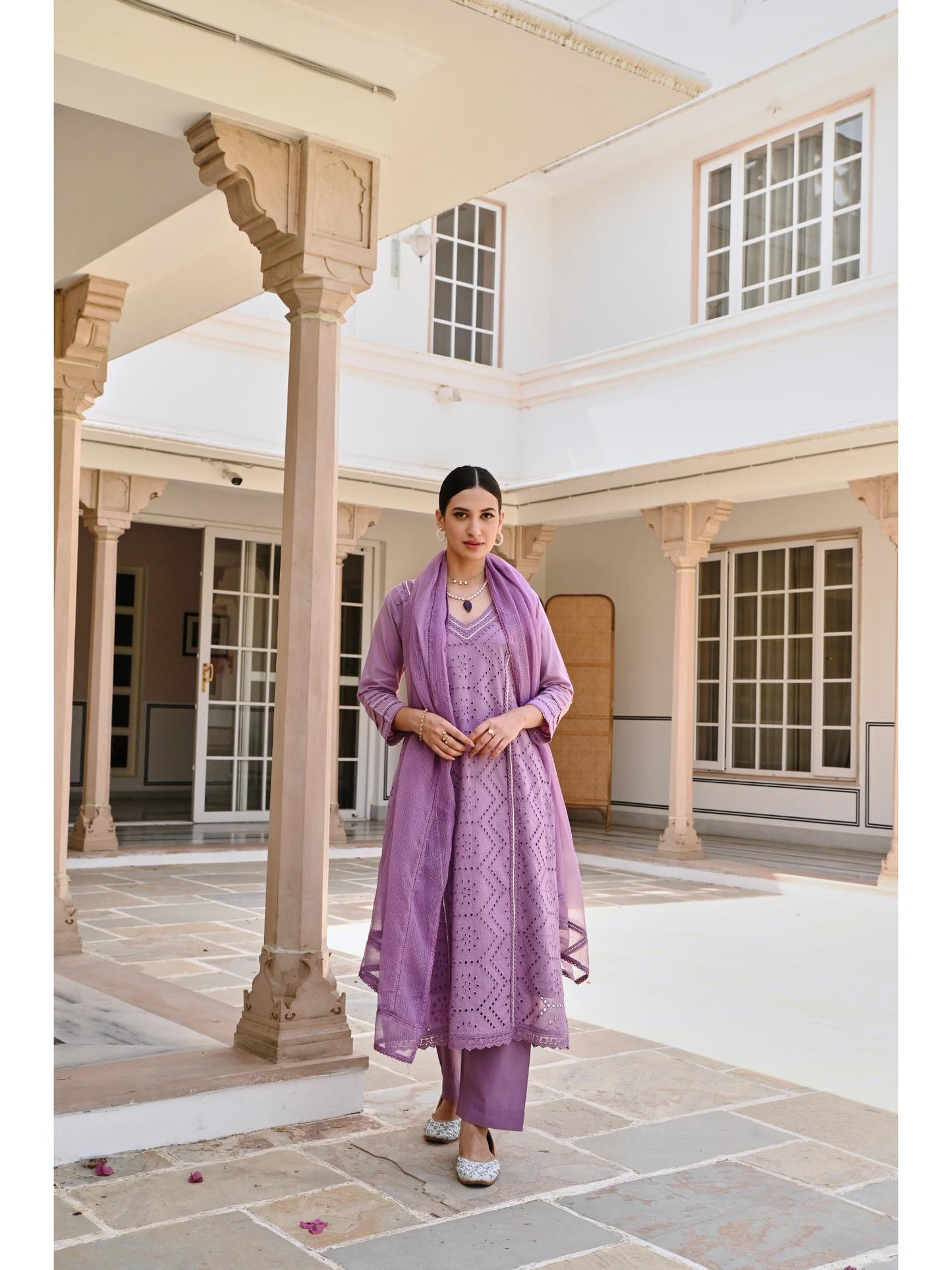 V-Neck Purple Schiffali Kurta with Pant and Dupatta (Set of 3)