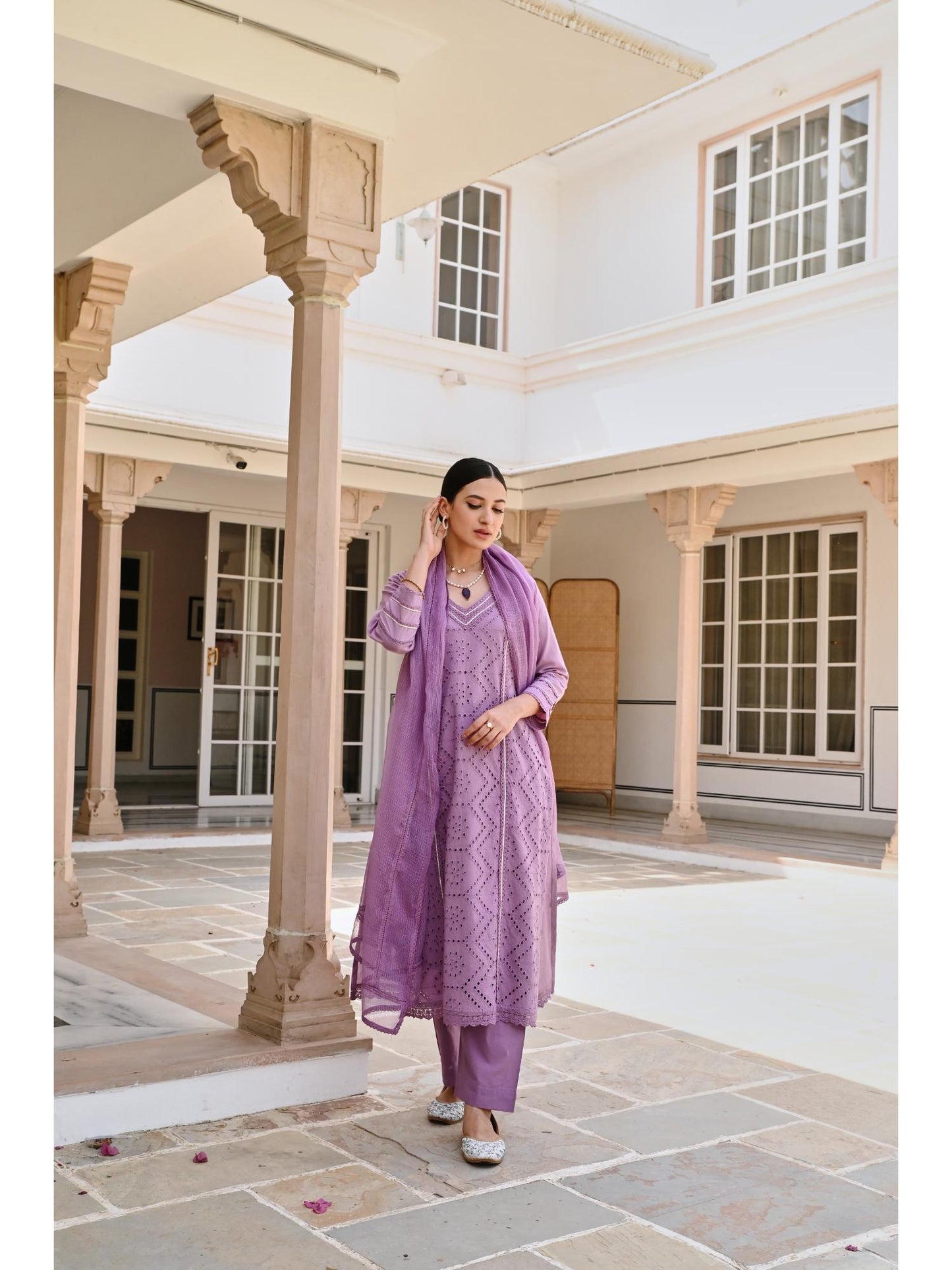 V-Neck Purple Schiffali Kurta with Pant and Dupatta (Set of 3)