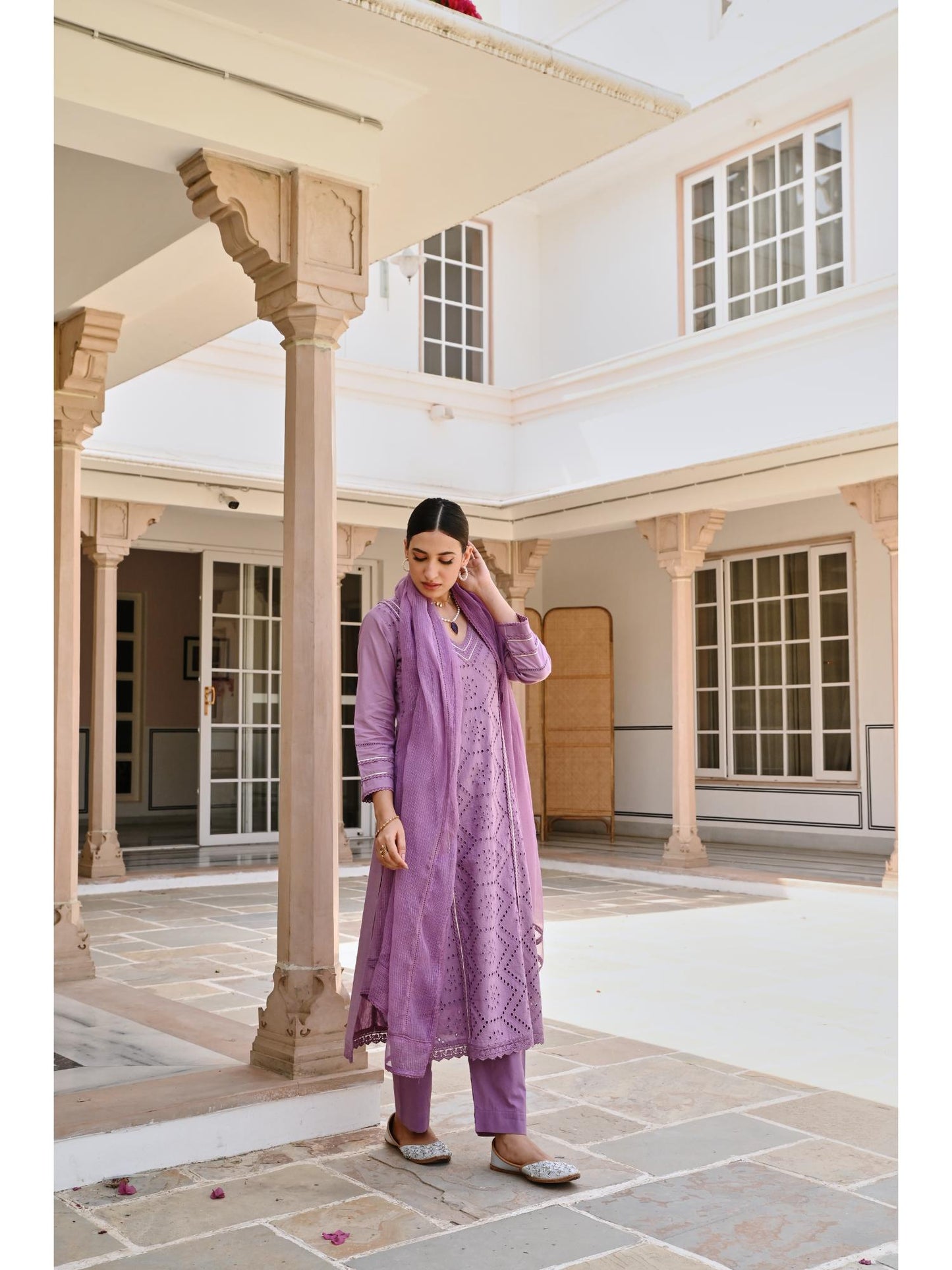 V-Neck Purple Schiffali Kurta with Pant and Dupatta (Set of 3)
