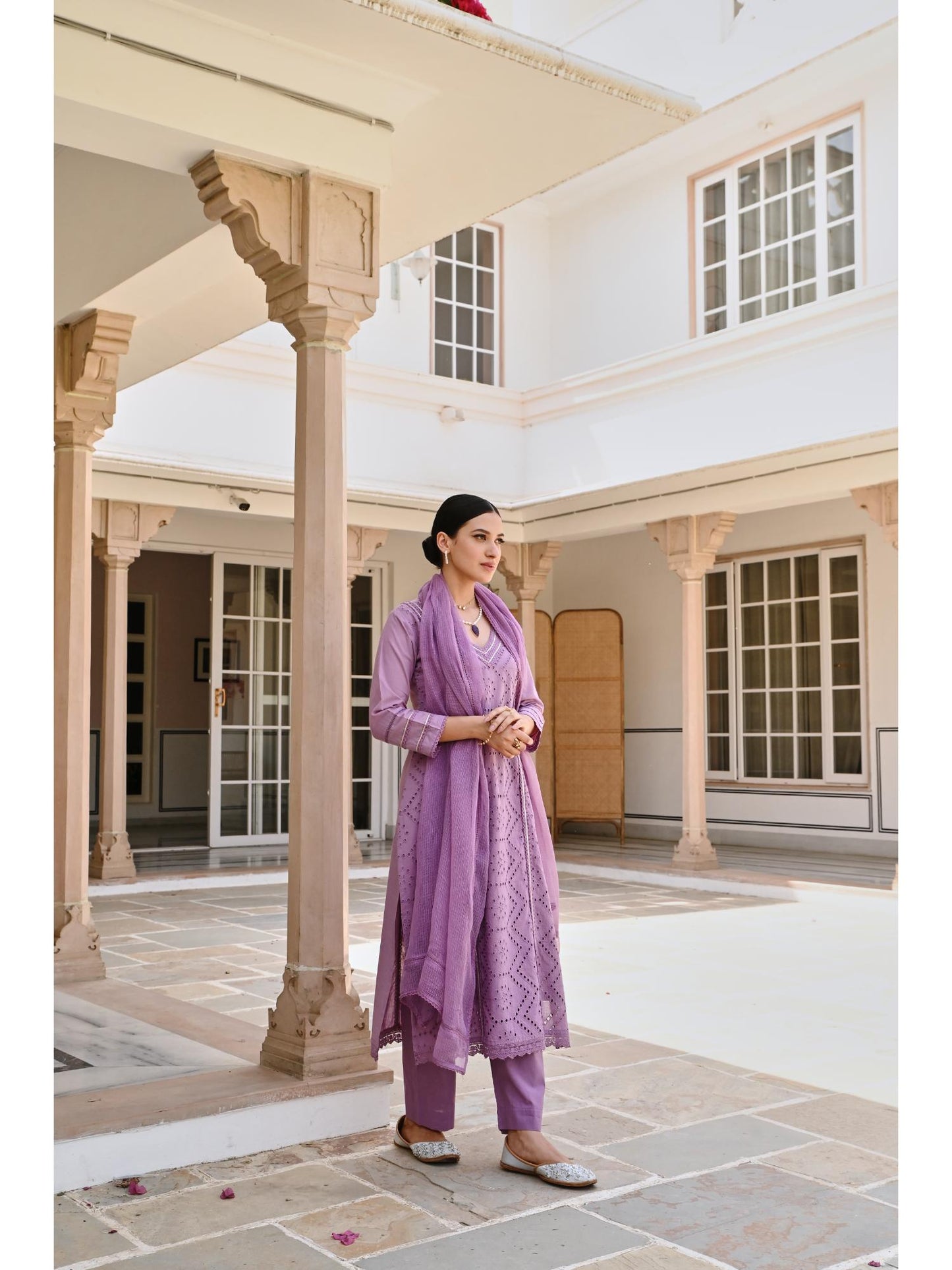 V-Neck Purple Schiffali Kurta with Pant and Dupatta (Set of 3)