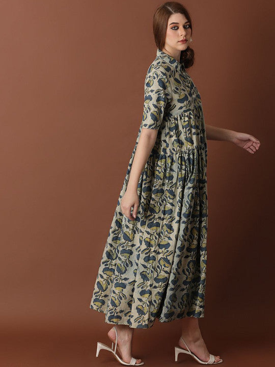 BLACK & BLAH BLAH Ajrak Handblock Printed Relaxed Fit Cotton Flared Maxi Ethnic Dress