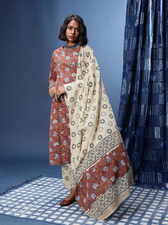 Taavi Indie Floral Block Printed Keyhole Neck Straight Bagru Kurta with Trousers & Dupatta