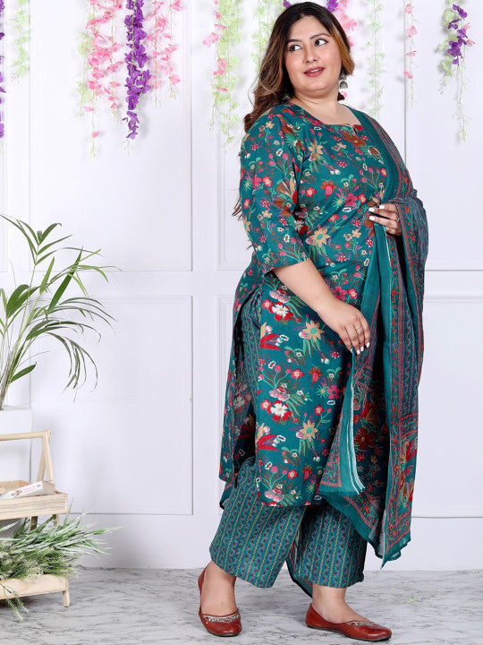 Swasti Plus Size Floral Printed Regular Pure Cotton Kurta with Trousers & Dupatta