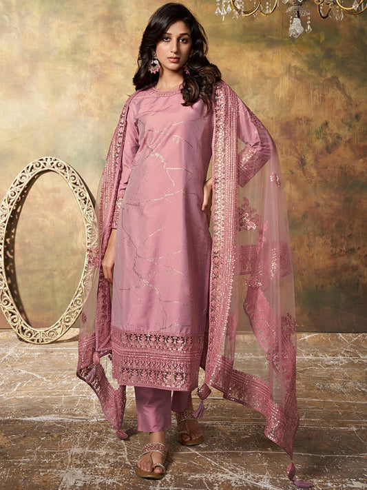 Inddus Abstract Printed Regular Sequinned Pure Silk Kurta with Trousers & Dupatta