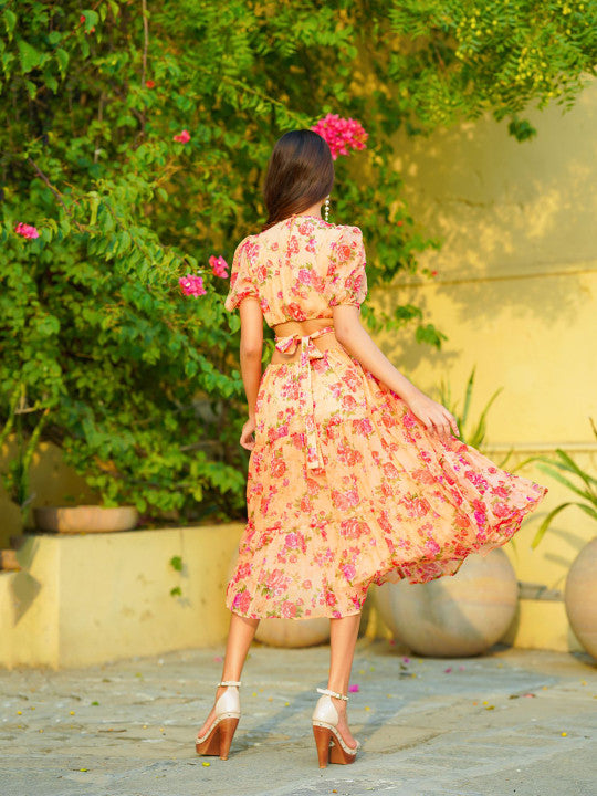 Ambraee Floral Print Chiffon Midi Fit and Flare Dress