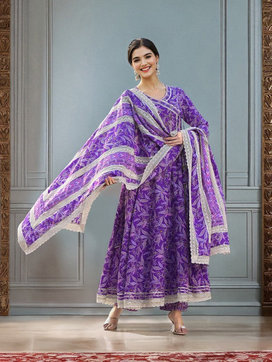 Ishin Floral Printed Angrakha Thread Work Pure Cotton Kurta with Trousers & Dupatta