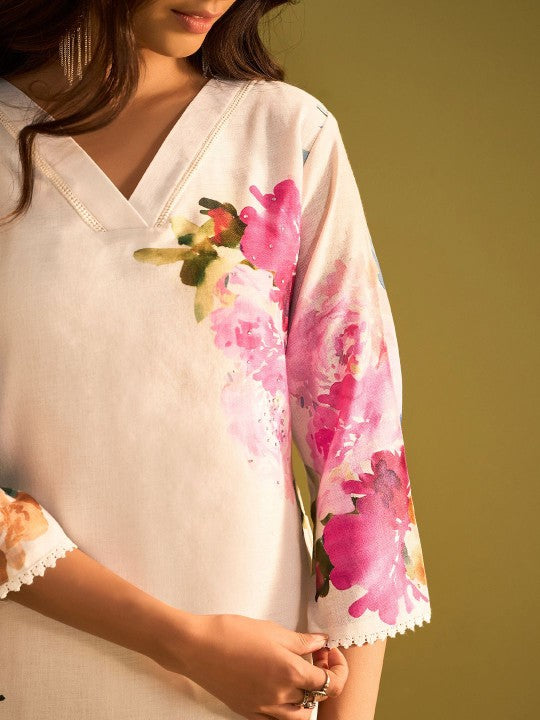 Indo Era Floral Printed Beads and Stones Linen Straight Kurta with Trouser & Dupatta