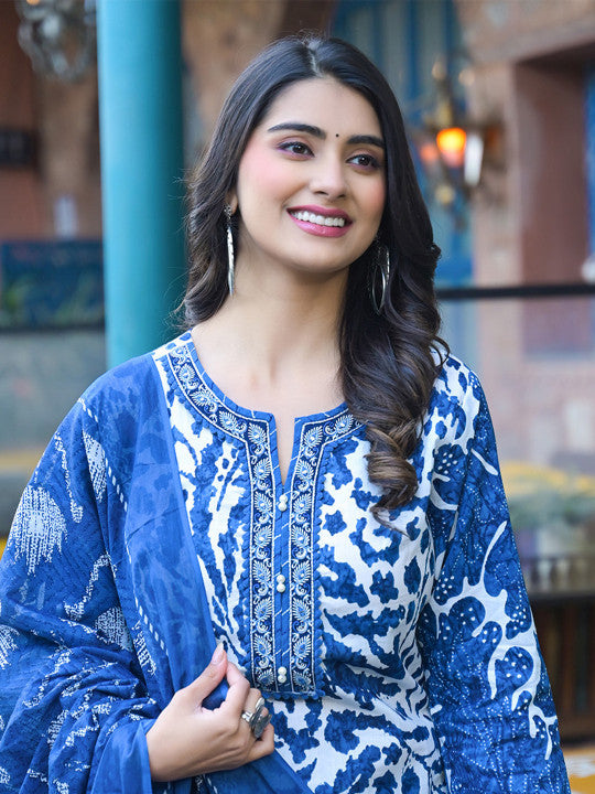 Varanga Floral Printed Notch Neck Straight Kurta With Trousers & Dupatta