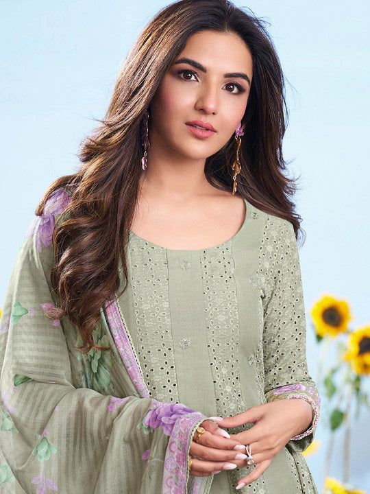 Inddus Floral Embroidered Round Neck Chikankari Anarkali Kurta & Trousers With Dupatta