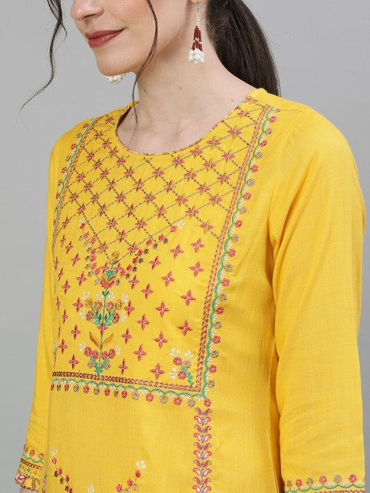 Ishin Women Yellow & Red Embroidered Kurta with Skirt & Dupatta