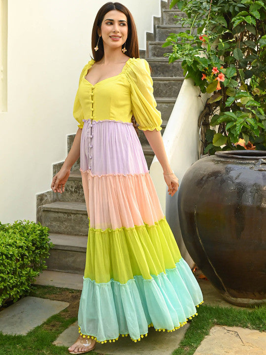 Bunaai Colourblocked Sweetheart Neck Cotton Fit & Flared Dress