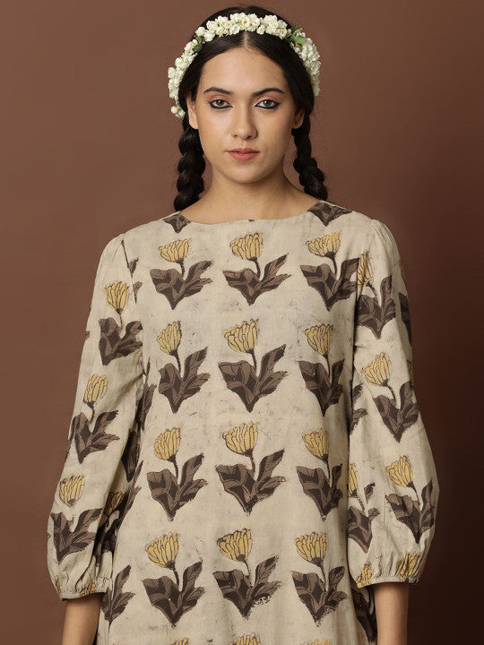 BLACK & BLAH BLAH Ajrak Handblock Printed Relaxed Fit Cotton Flared Maxi Ethnic Dress