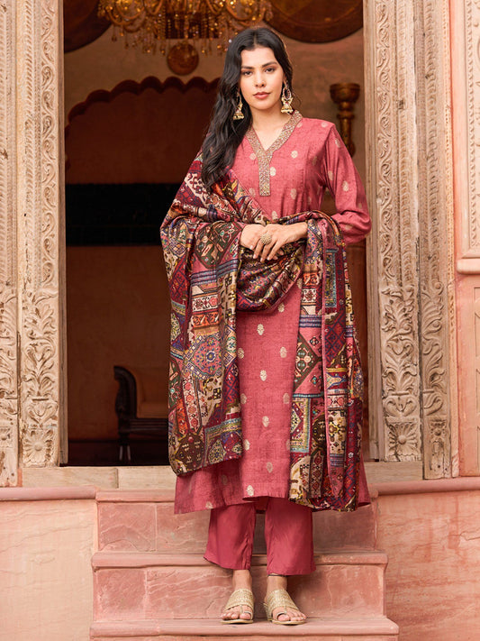 Ethnic Foil Printed Kurta with Pant &amp; Dupatta Mauve (Set of 3)