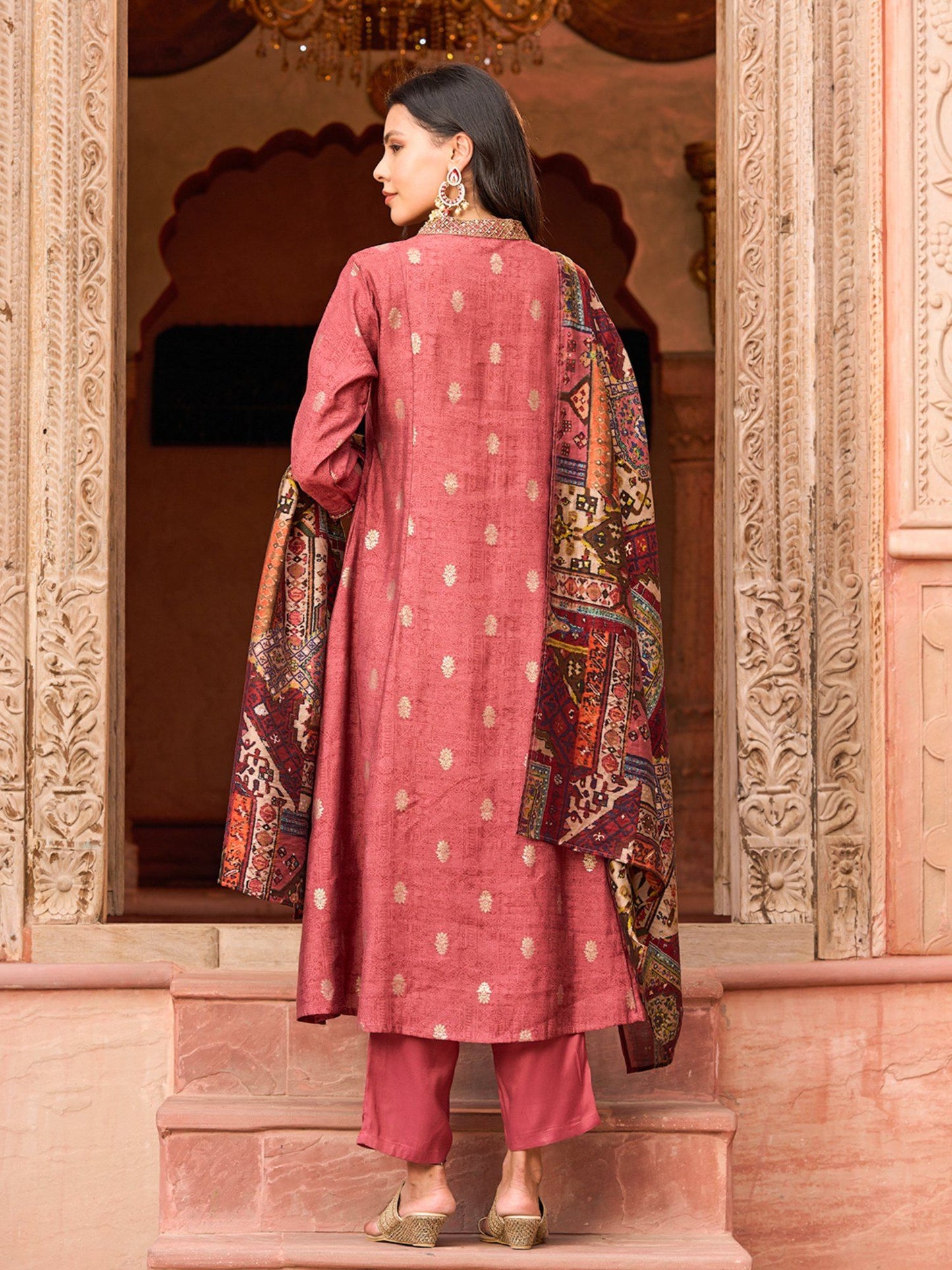 Ethnic Foil Printed Kurta with Pant &amp; Dupatta Mauve (Set of 3)