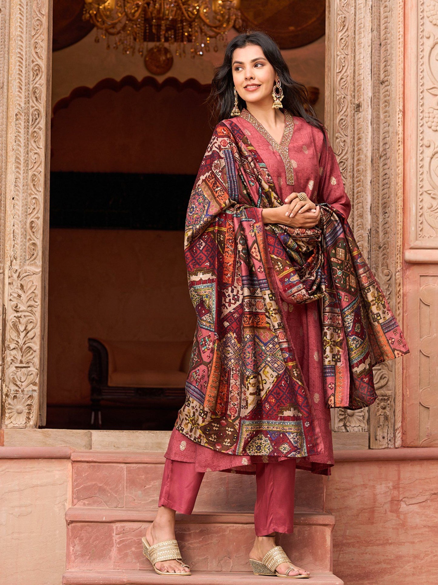 Ethnic Foil Printed Kurta with Pant &amp; Dupatta Mauve (Set of 3)