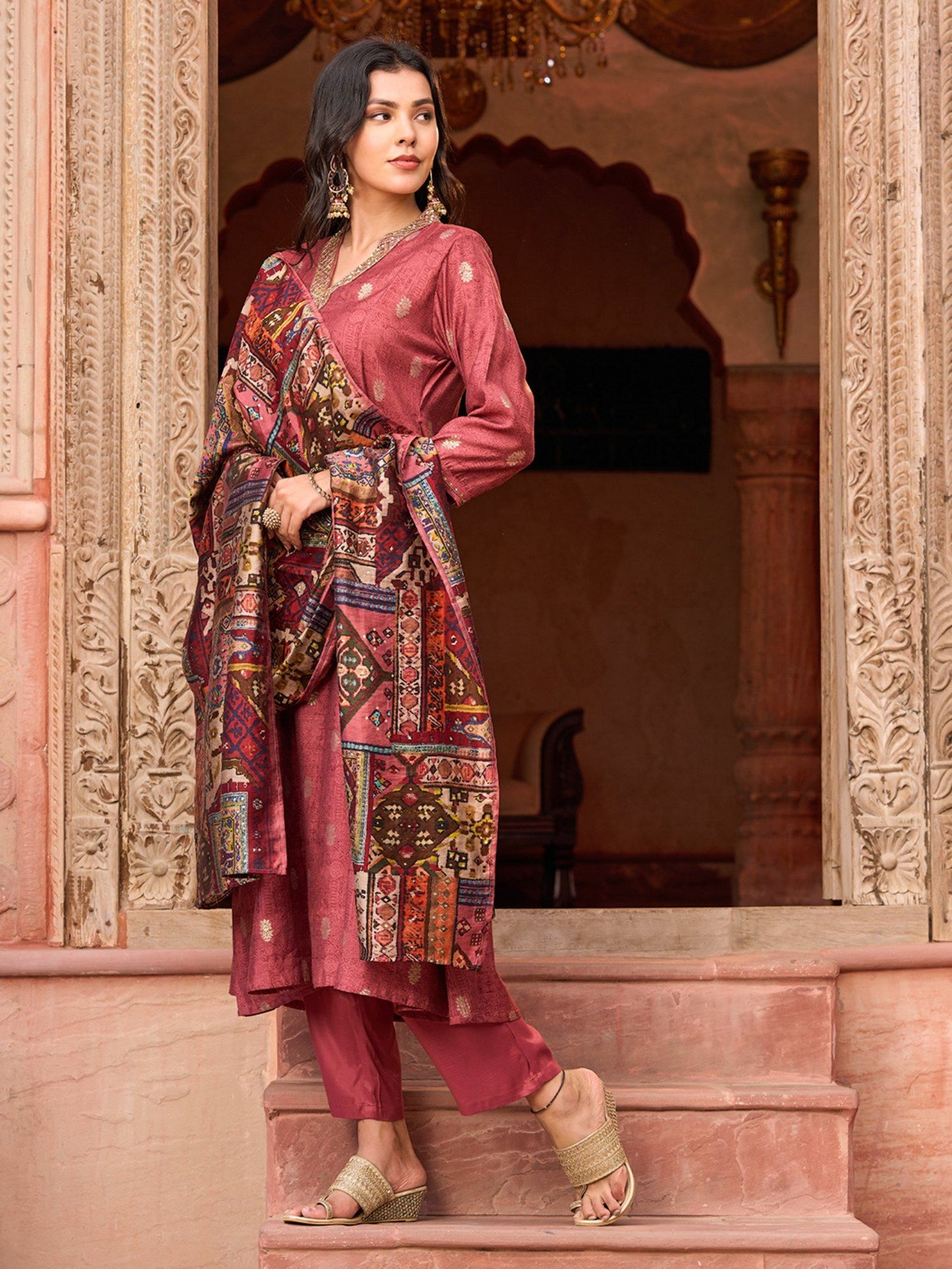 Ethnic Foil Printed Kurta with Pant &amp; Dupatta Mauve (Set of 3)