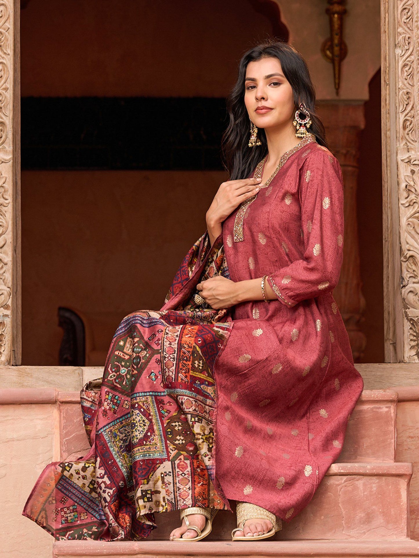 Ethnic Foil Printed Kurta with Pant &amp; Dupatta Mauve (Set of 3)