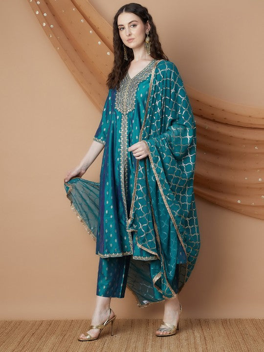 Floral Sequinned V-Neck A-Line Kurta