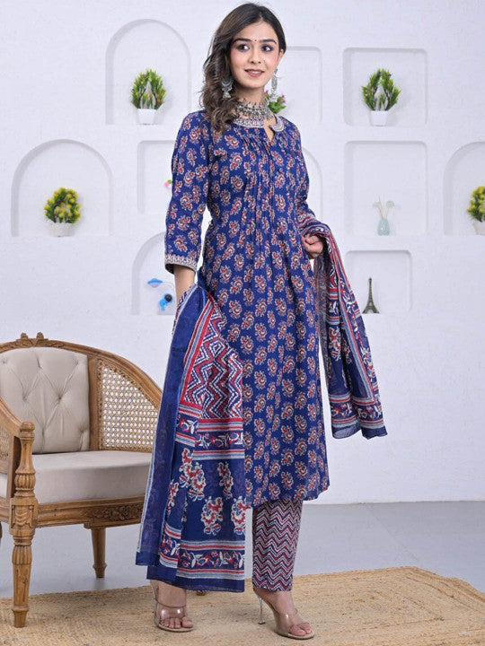 Advya Ethnic Motifs Printed Notch Neck Pure Cotton Straight Kurta With Trousers & Dupatta