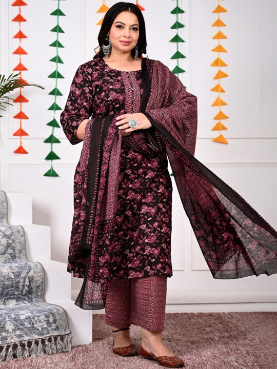 Swasti Plus Size Ethnic Motifs Printed Pure Cotton Kurta with Trousers & Dupatta