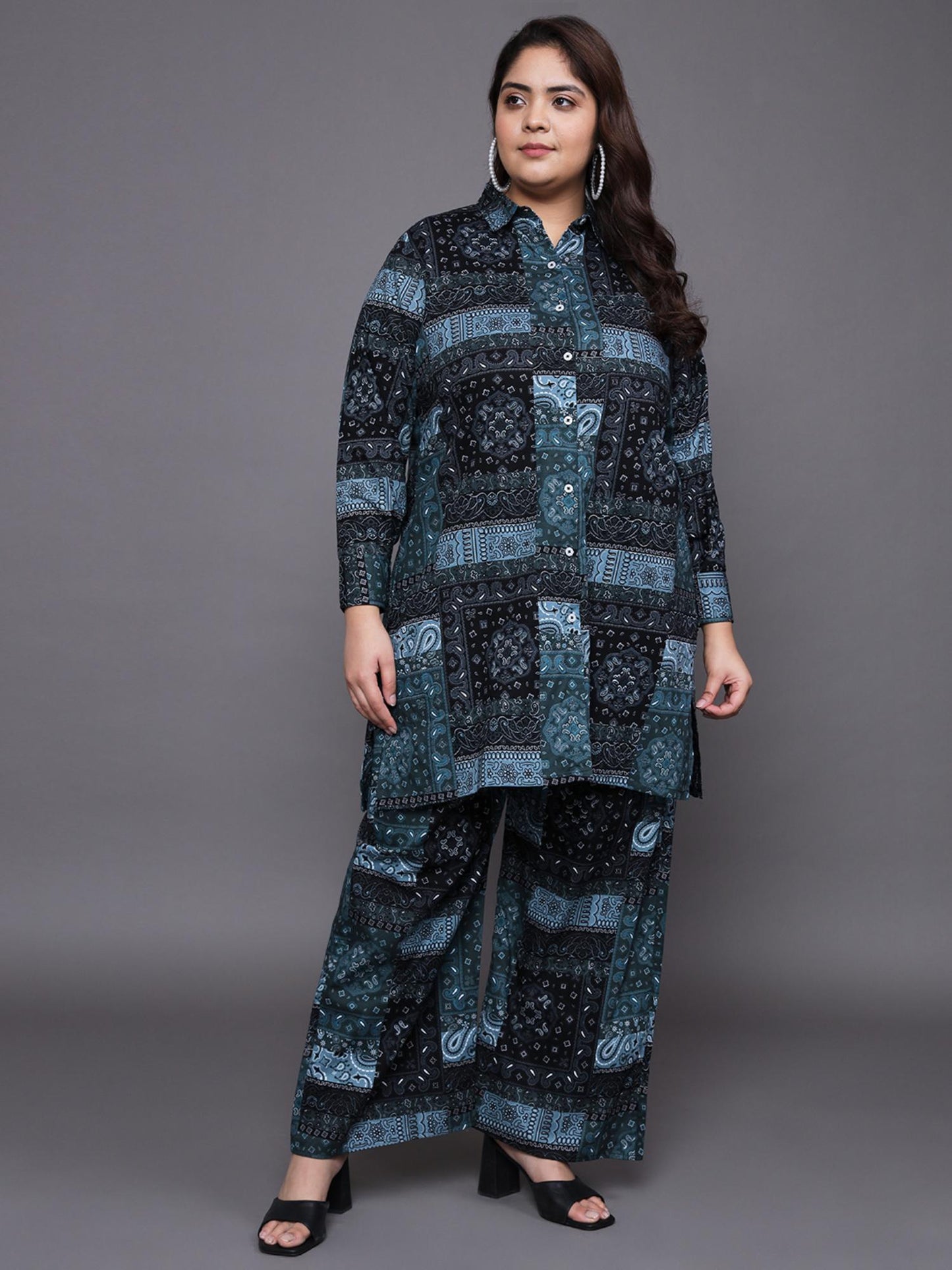 Women Plus Size Pure Cotton Black Printed Co-Ord Set