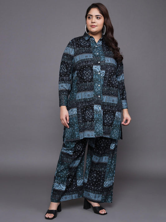 Women Plus Size Pure Cotton Black Printed Co-Ord Set