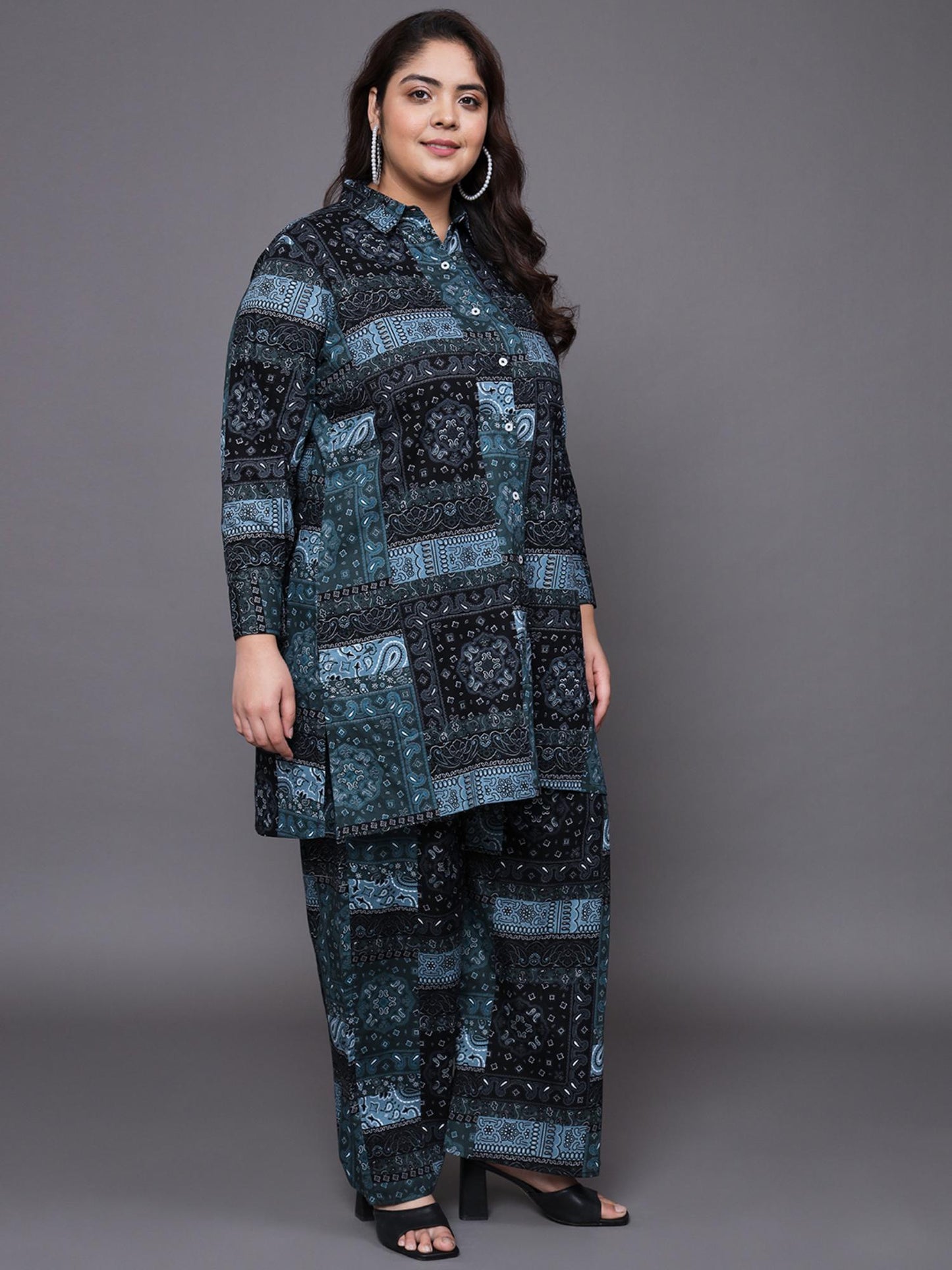Women Plus Size Pure Cotton Black Printed Co-Ord Set