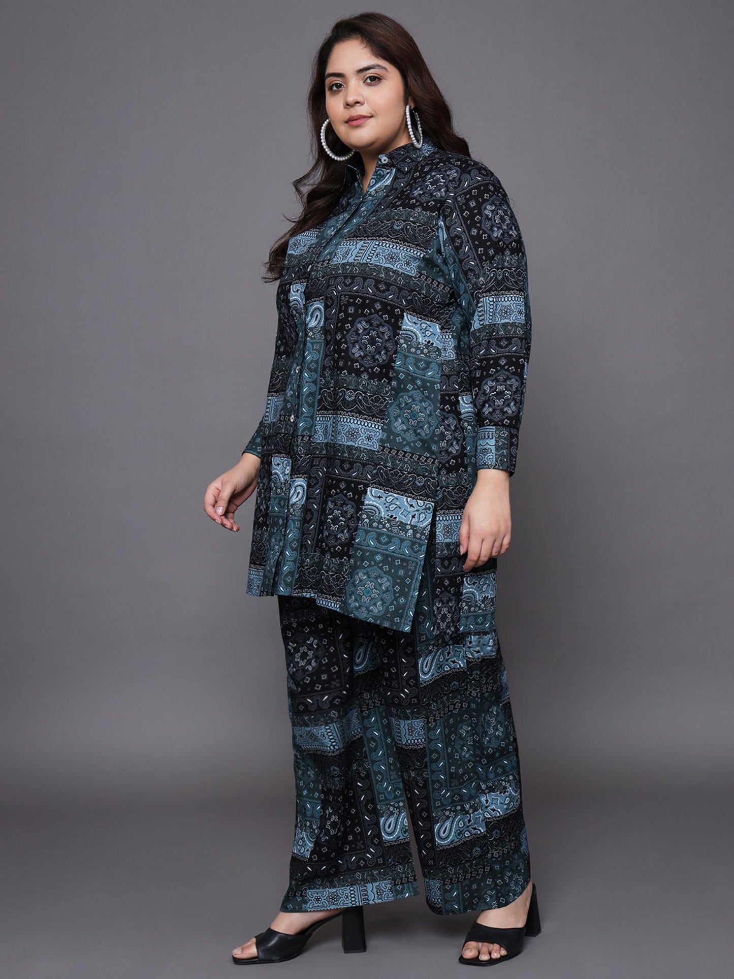 Women Plus Size Pure Cotton Black Printed Co-Ord Set