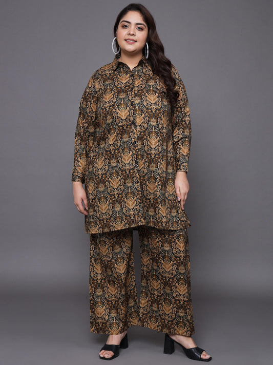 Women Plus Size Brown Printed Pure Cotton Co-Ord Set
