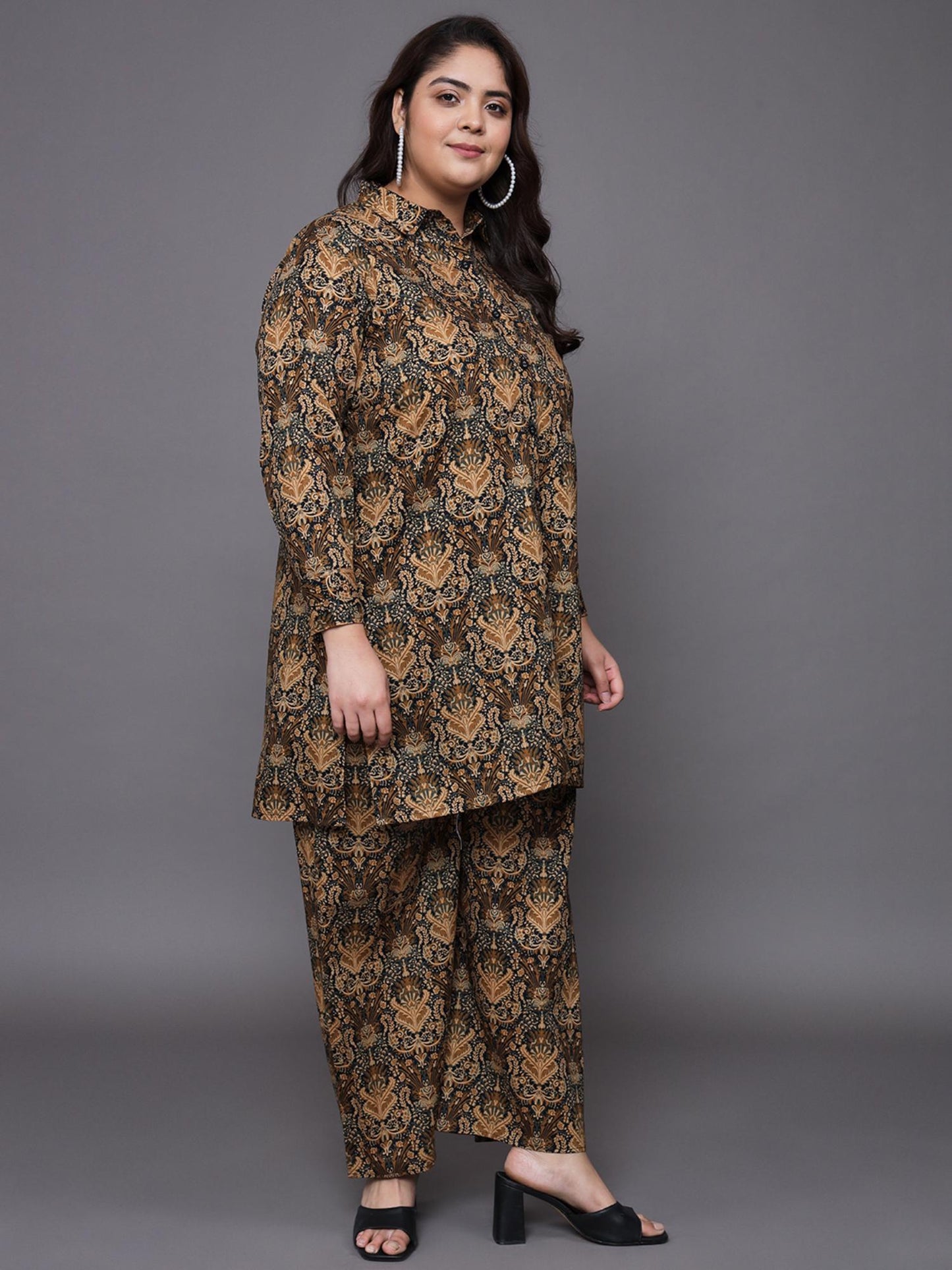 Women Plus Size Brown Printed Pure Cotton Co-Ord Set