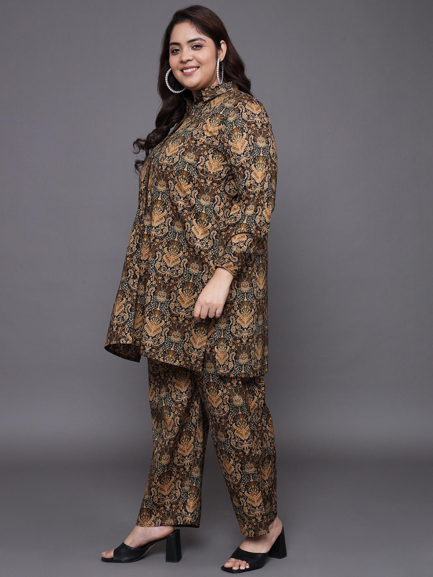 Women Plus Size Brown Printed Pure Cotton Co-Ord Set