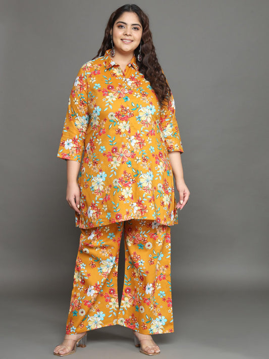 Women Plus Size Yellow Floral Printed Pure Cotton Co-Ord Set