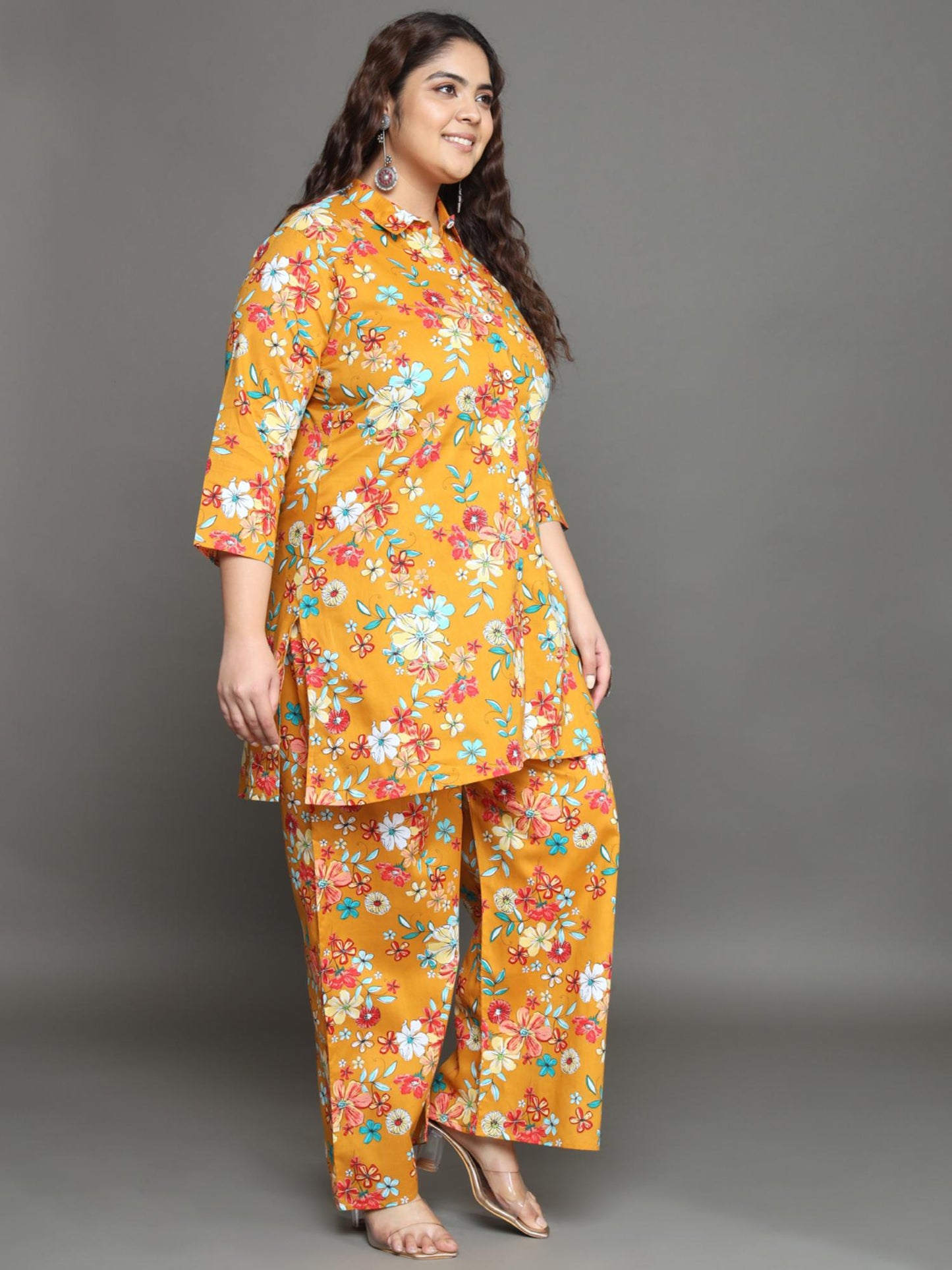 Women Plus Size Yellow Floral Printed Pure Cotton Co-Ord Set
