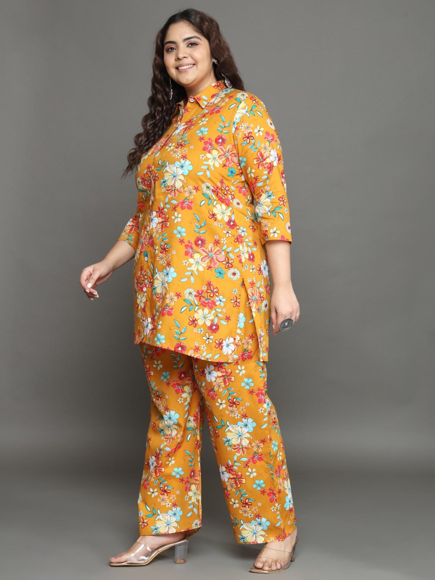 Women Plus Size Yellow Floral Printed Pure Cotton Co-Ord Set