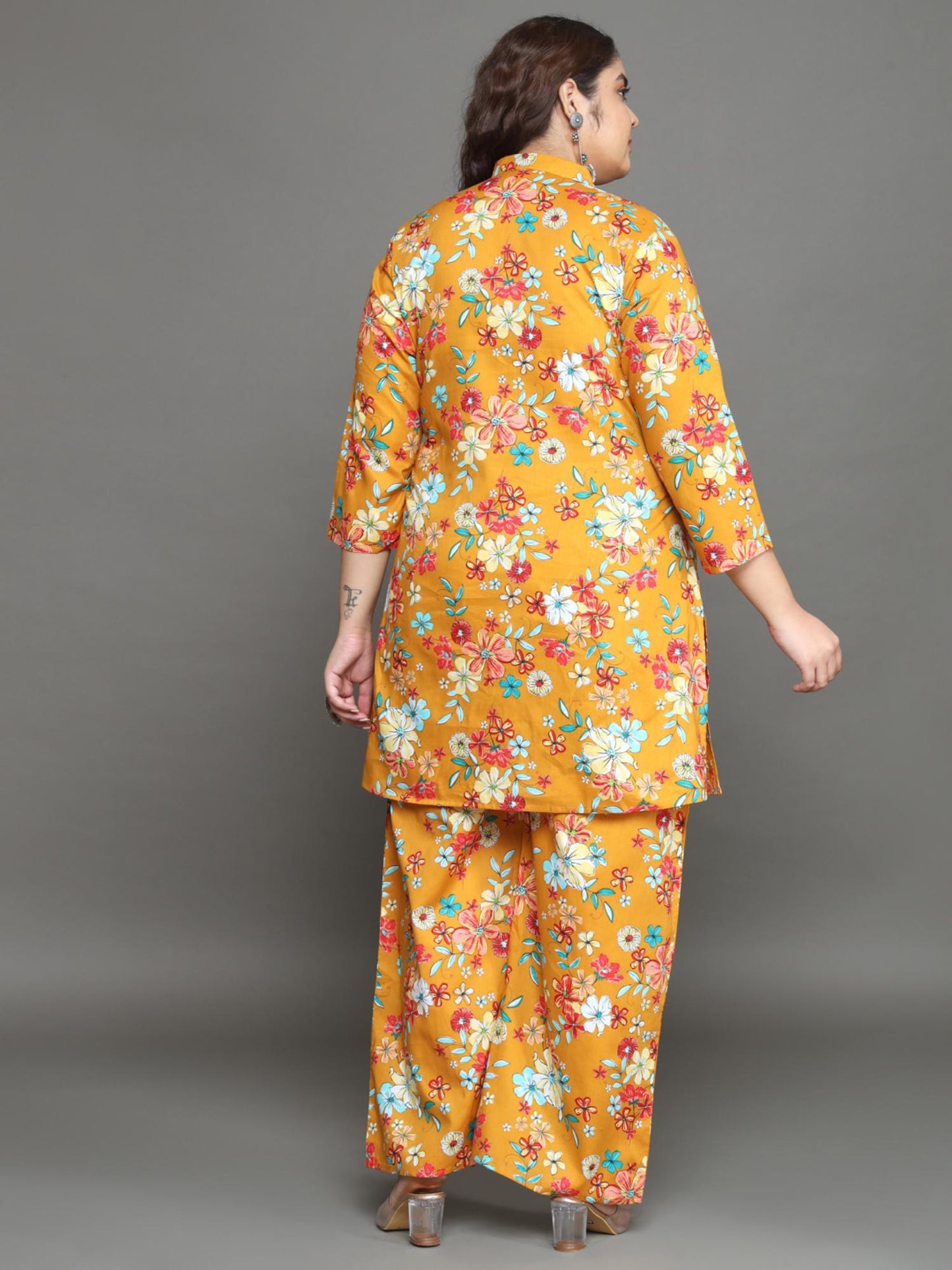 Women Plus Size Yellow Floral Printed Pure Cotton Co-Ord Set
