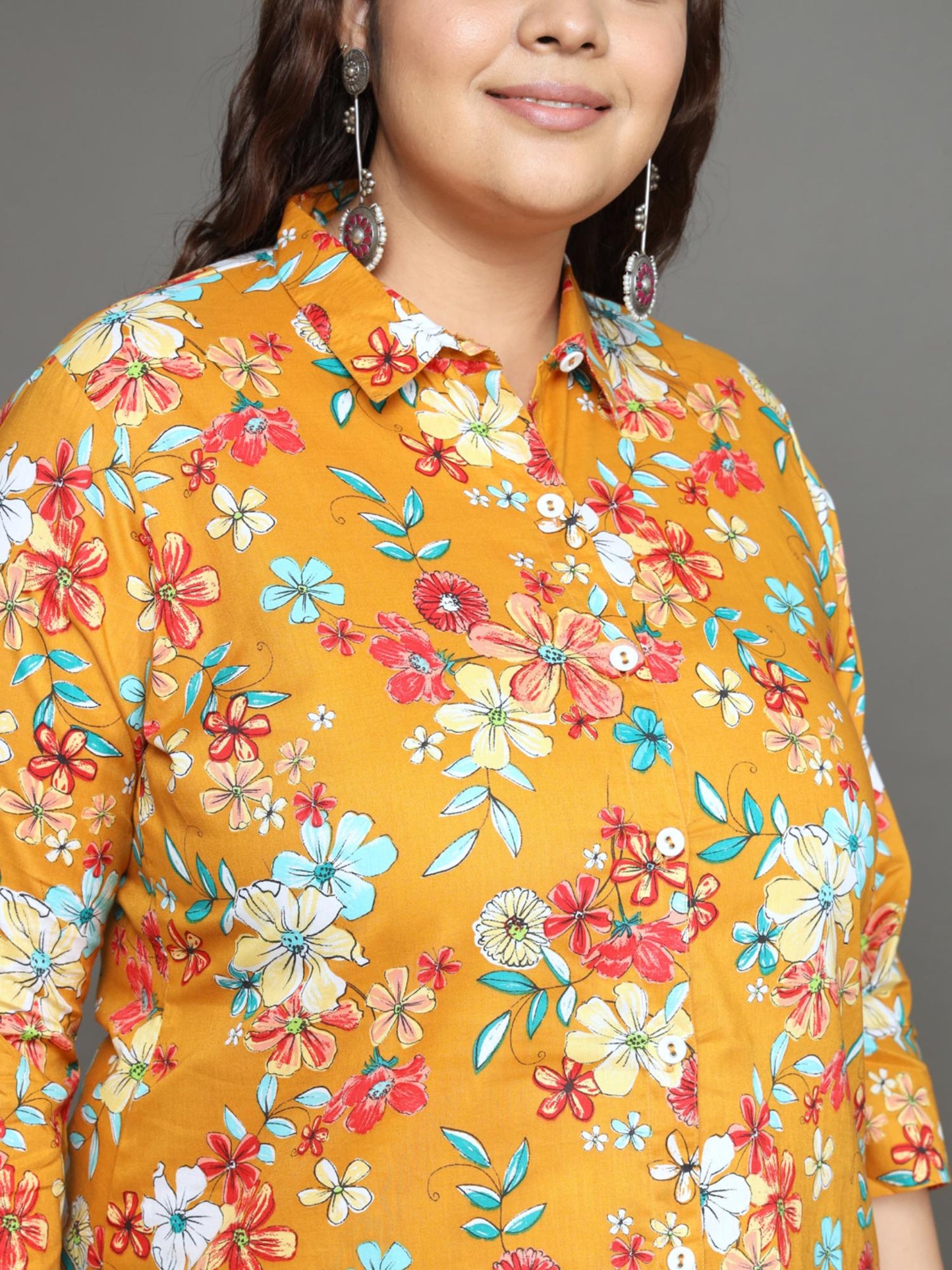 Women Plus Size Yellow Floral Printed Pure Cotton Co-Ord Set