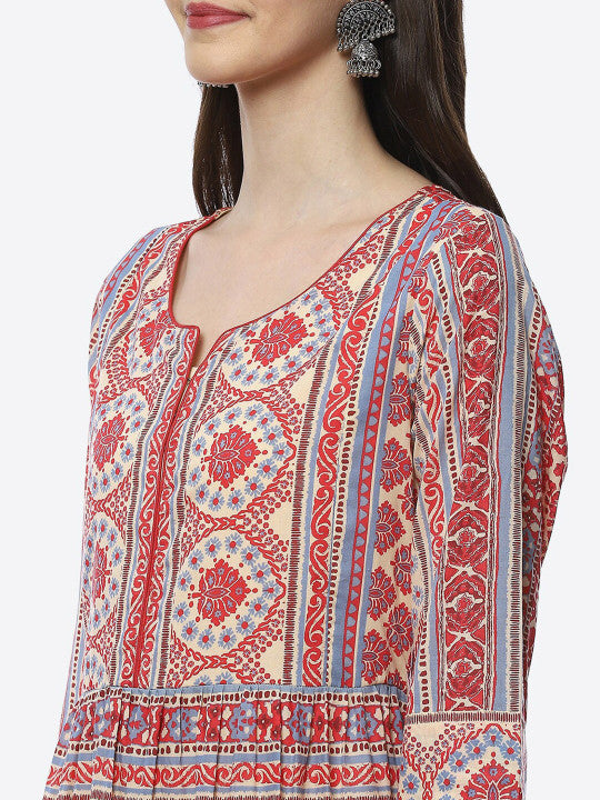 Biba Cream-Coloured & Red Ethnic Motifs Maxi Dress