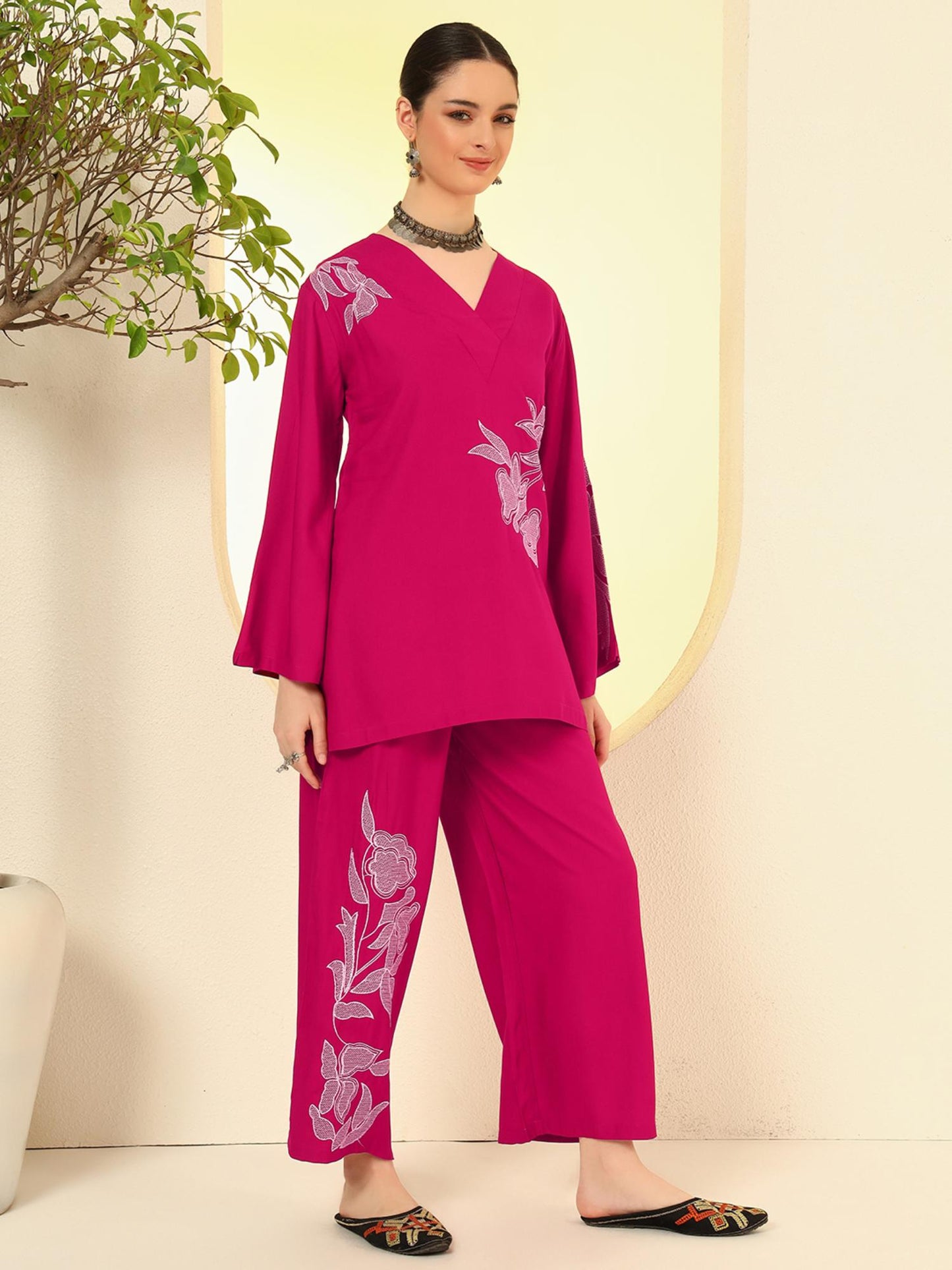 Women Rani Pink Rayon Co-Ord Set