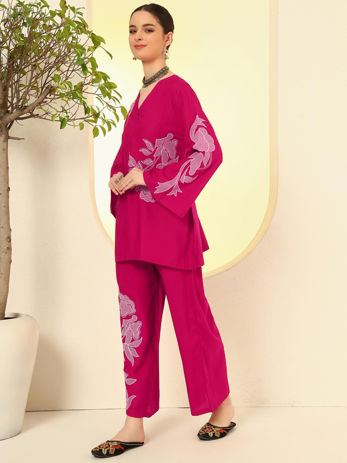 Women Rani Pink Rayon Co-Ord Set