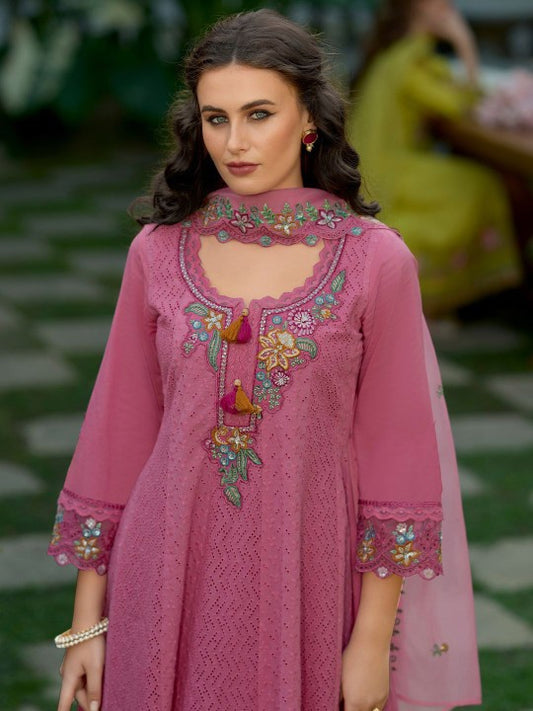 Indo Era Floral Embroidered Pure Cotton Anarkali Kurta With Trousers And Dupatta
