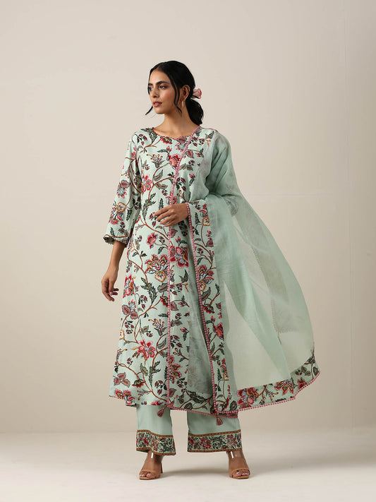 Green Jaal Kurta with Pant and Dupatta (Set of 3)
