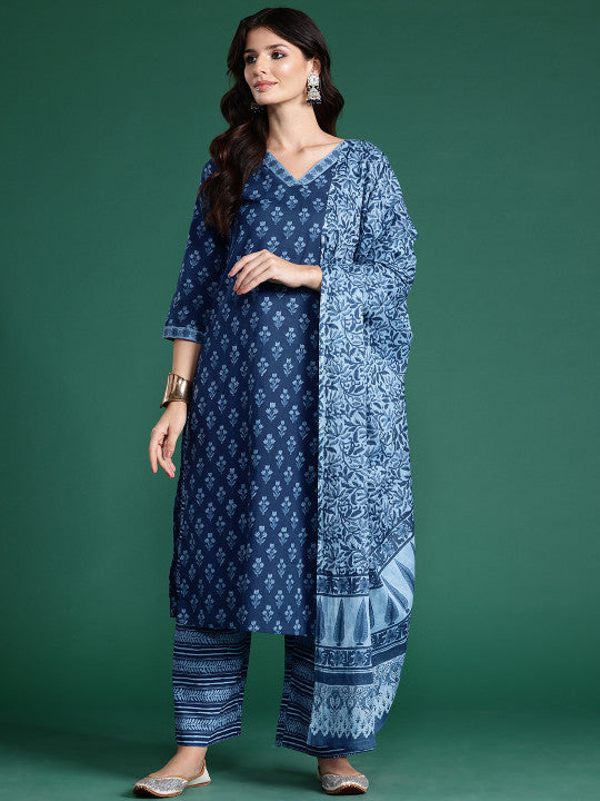 Indo Era Floral Printed Pure Cotton Kurta With Palazzos & Dupatta