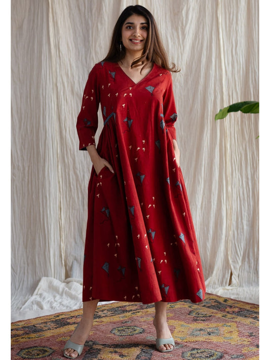 Amdavad Patang Ajrakh Red Cotton Printed Dress