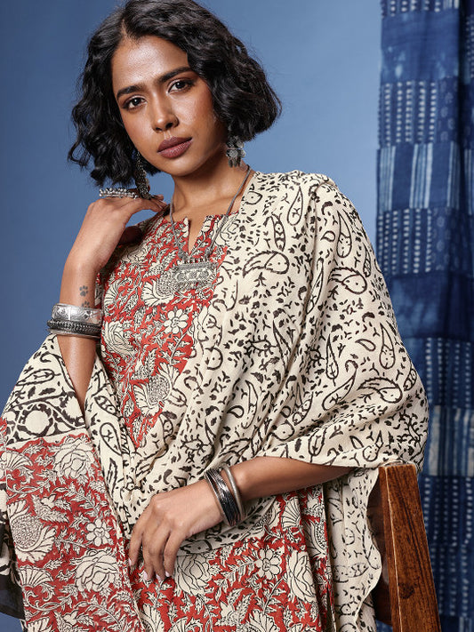 Taavi Indie-Floral Printed Straight Pure Cotton Bagru Kurta with Trousers & With Dupatta