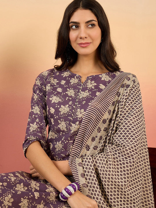 Vastramyaa Floral Printed Pure Cotton Straight Kurta & Trousers With Dupatta