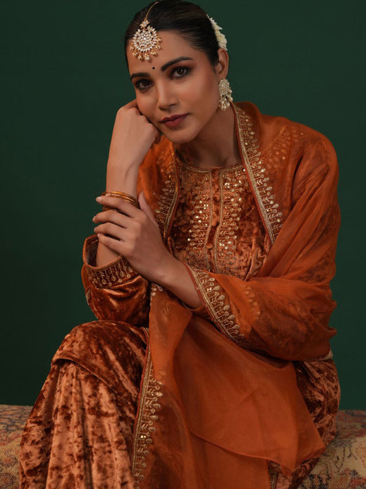 anayna Women Embroidered Regular Velvet Kurta with Dhoti Pants & With Dupatta